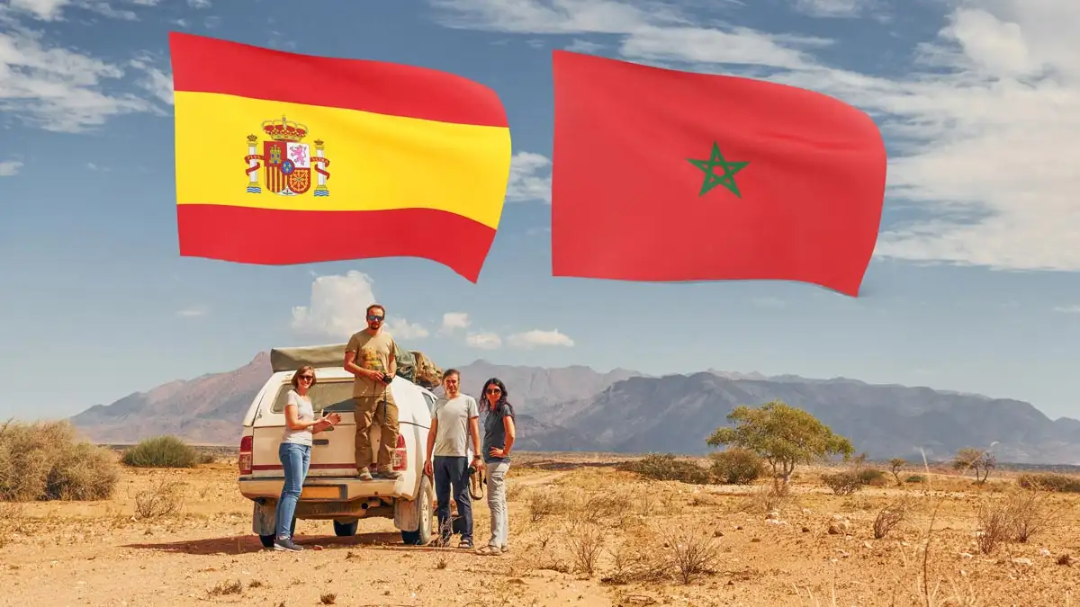 Travel from Southern Spain to Morocco group of travelers in a 4wd in the desert of morocco: travel from southern spain to morocco