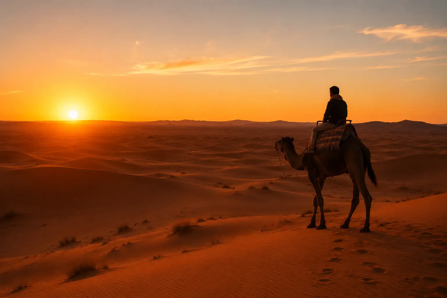 man on a camel alone on a sand dune watching the sunset during sahara desert in summer morocco